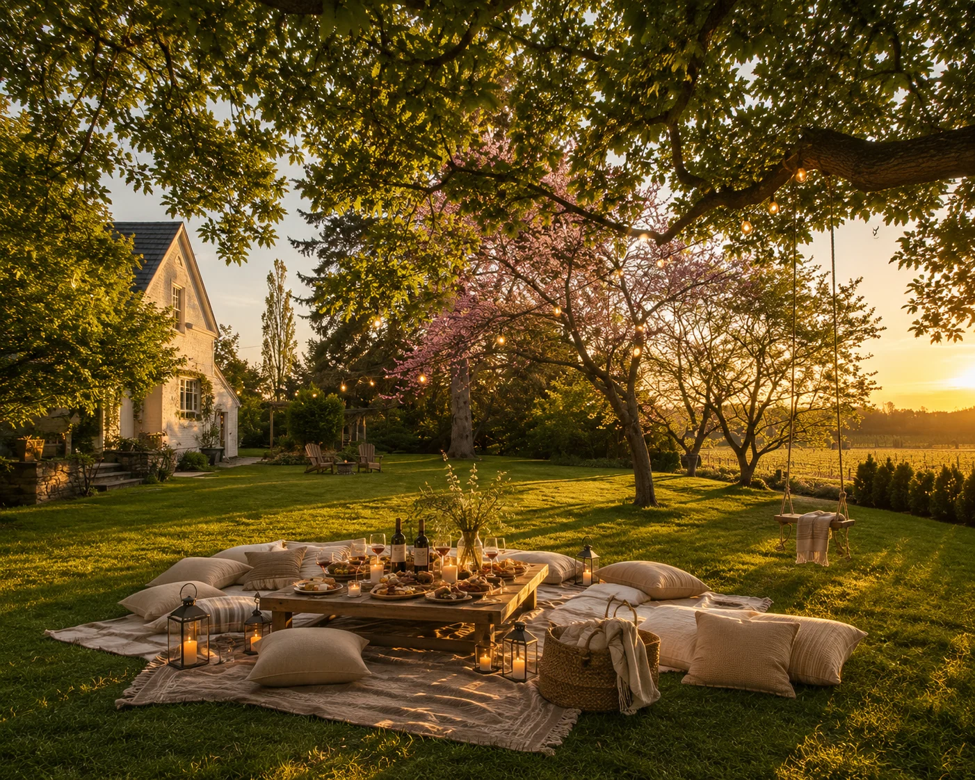 The farmhouse and grounds at golden hour, framed by old trees